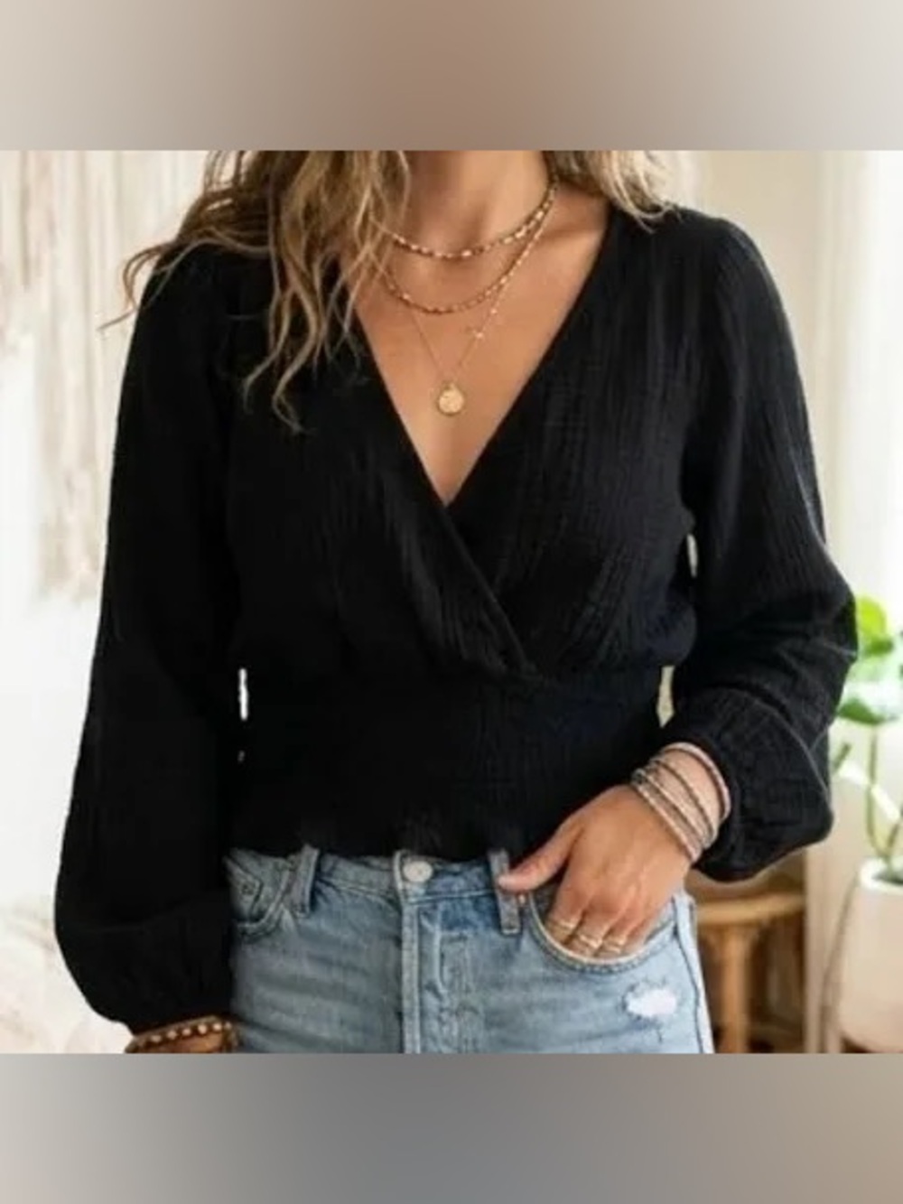 NWT black Madewell Lightspun Julianne Smocked-Waist Top XL